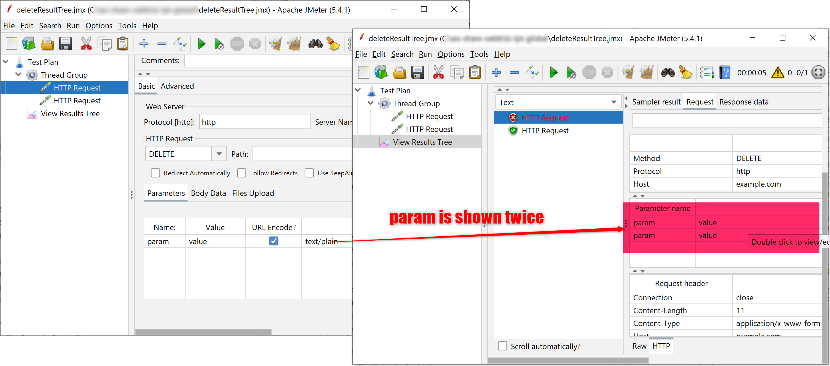 screenshot showing duplicate param entry