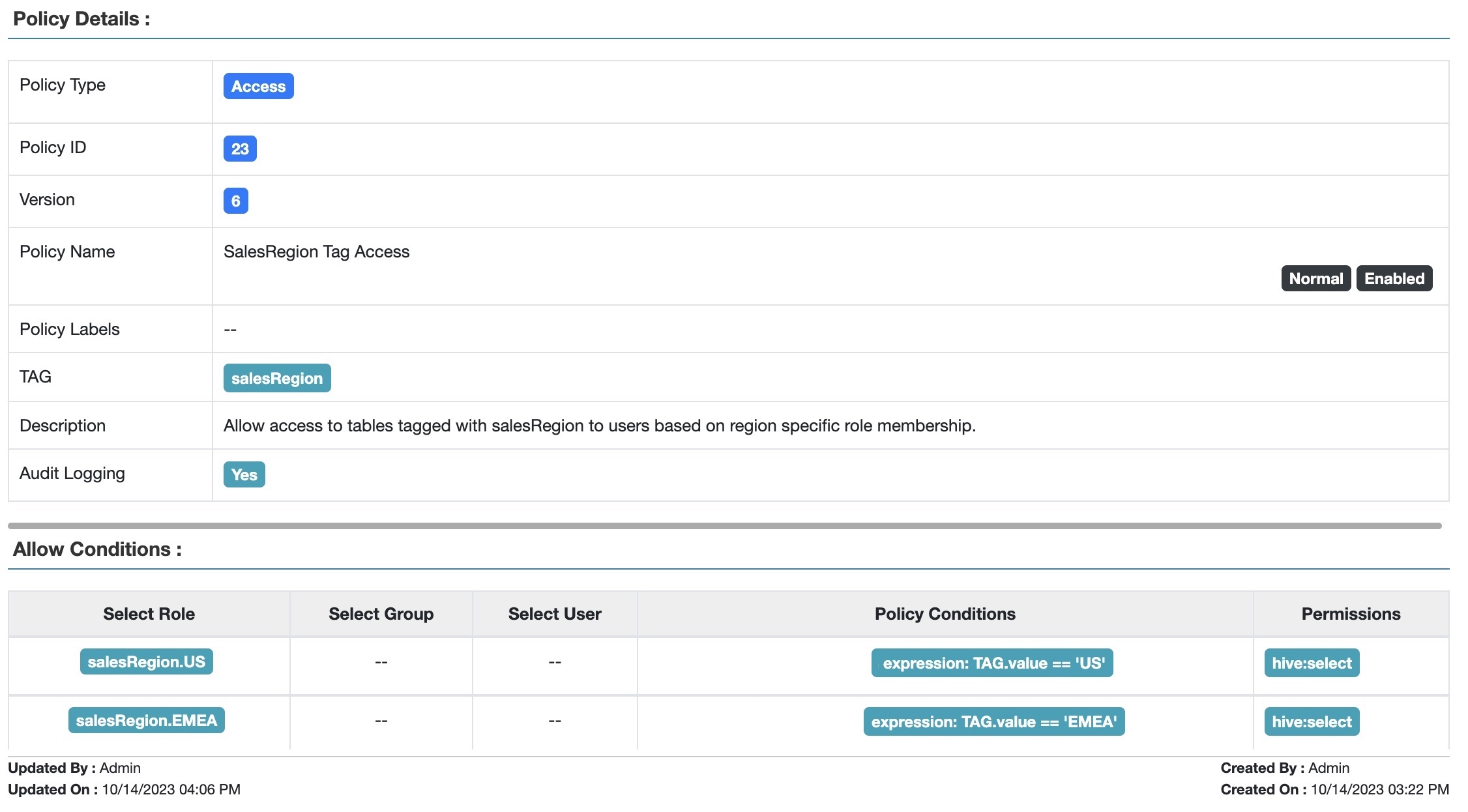 Fig 3. Apache Ranger™ Tag-based policy allowing access to tagged tables based on the user's role membership